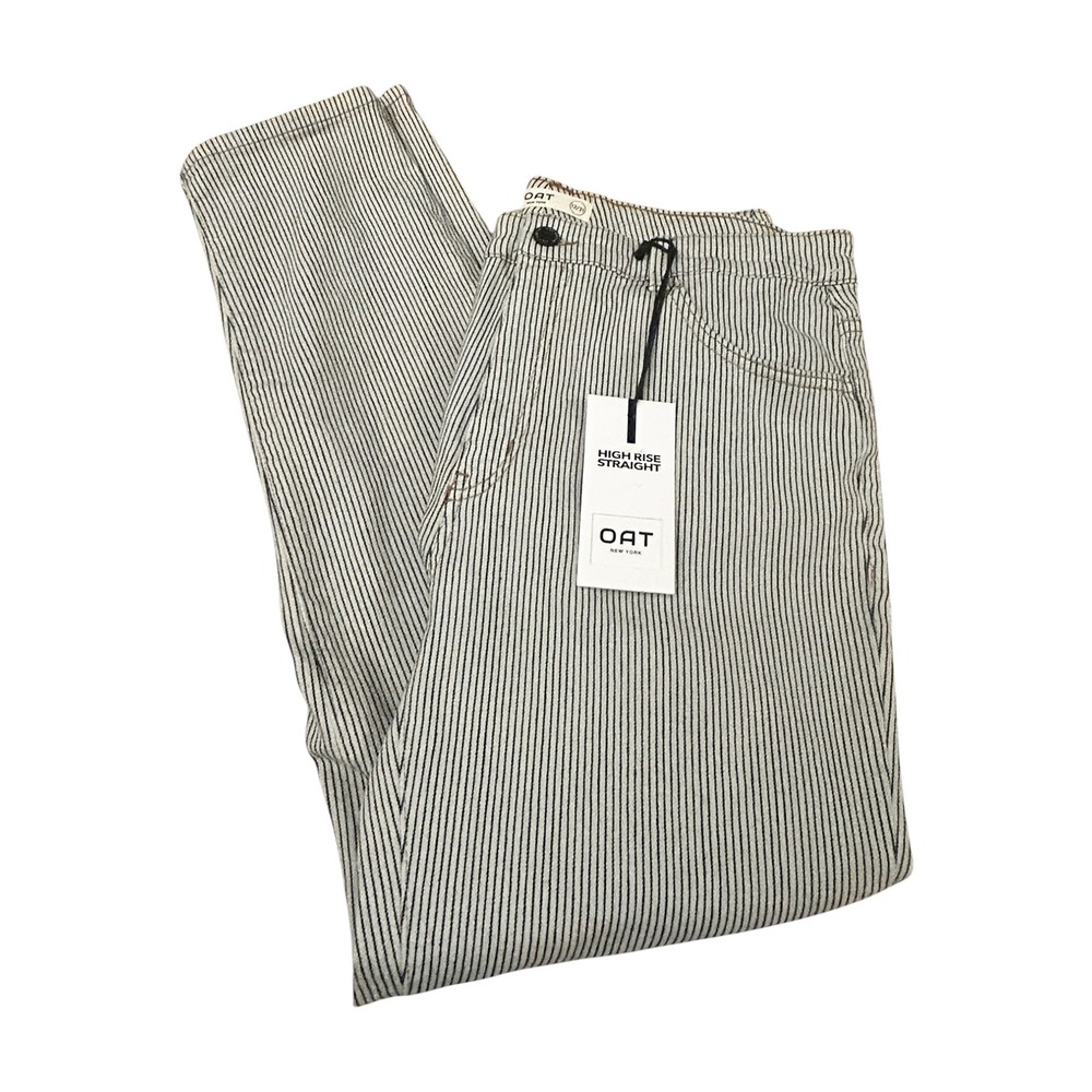 OAT New York Pinstriped High Rise Straight Jeans Size 12/31 Dark Blue White